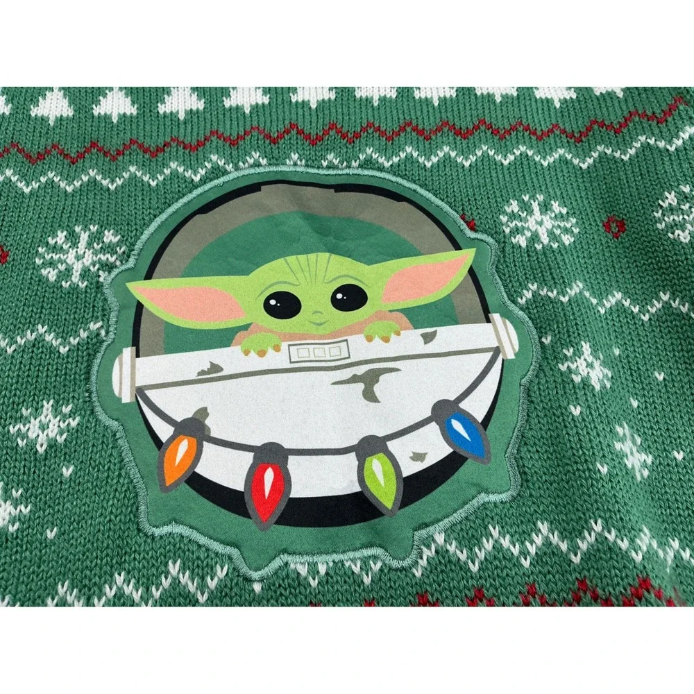 Star Wars Grogu Baby Yoda Holiday Sweater Dress Faux Fur Trim XL 14-16 Green